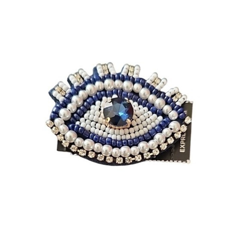 Express Evil Eye Brooch Pin Beaded Faux Pearl Rhinestone Blue White NWT
